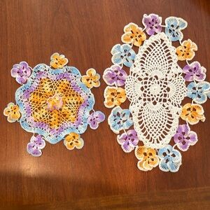 Vintage doilies, hand made, crocheted pansy design, white, purple, blue, orange